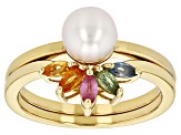 White Cultured Freshwater Pearl & Multicolor Sapphire 18k Gold Over Sterling Silver Ring Set