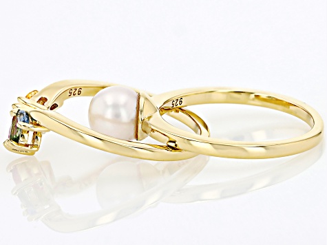 White Cultured Freshwater Pearl & Multicolor Sapphire 18k Gold Over Sterling Silver Ring Set