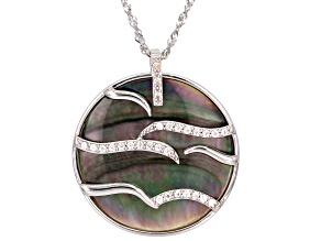 Tahitian Mother-of-Pearl and White Zircon Rhodium Over Sterling Silver Pendant with Chain