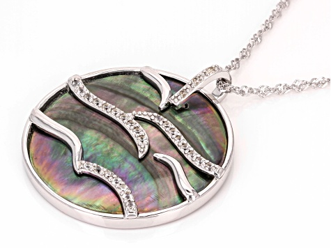 Tahitian Mother-of-Pearl and White Zircon Rhodium Over Sterling Silver Pendant with Chain