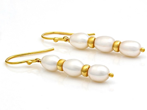 White Cultured Freshwater Pearl 18k Yellow Gold Over Sterling Silver Earrings