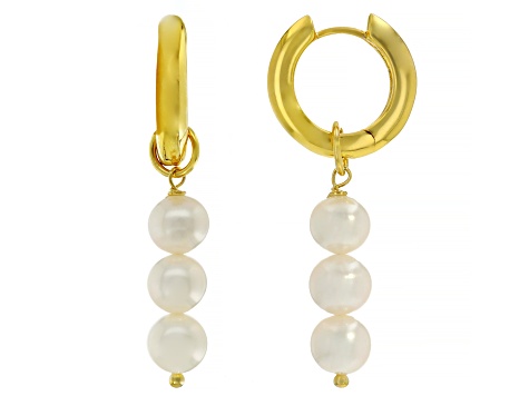 White Cultured Freshwater Pearl 18k Yellow Gold Over Sterling Silver Earrings