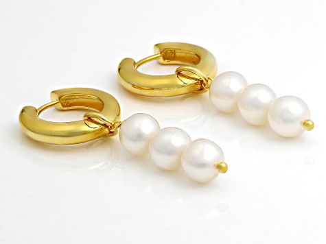 White Cultured Freshwater Pearl 18k Yellow Gold Over Sterling Silver Earrings