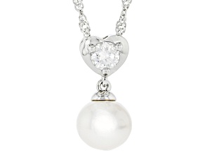 White Cultured Freshwater Pearl and Moissanite Platineve® Pendant with Chain