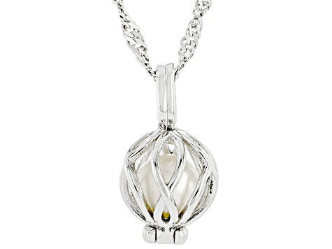 Cultured Freshwater Pearl Rhodium Over Silver Cage Pendant With Chain