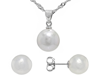 Picture of Genusis™ White Cultured Freshwater Pearl Rhodium Over Sterling Silver Stud Earring and Necklace Set