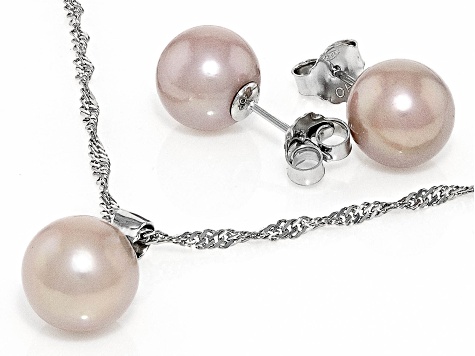 Genusis™ Lavender Cultured Freshwater Pearl Rhodium Over Sterling Stud Earring and Necklace Set