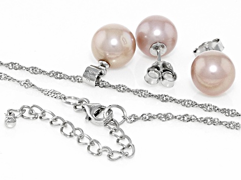 Genusis™ Lavender Cultured Freshwater Pearl Rhodium Over Sterling Stud Earring and Necklace Set
