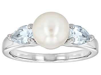 Picture of White Cultured Freshwater Pearl and 0.88ctw Sky Blue Topaz Rhodium Over Sterling Silver Ring