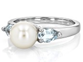 White Cultured Freshwater Pearl and 0.88ctw Sky Blue Topaz Rhodium Over Sterling Silver Ring