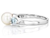 White Cultured Freshwater Pearl and 0.88ctw Sky Blue Topaz Rhodium Over Sterling Silver Ring