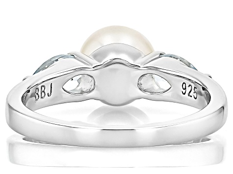 White Cultured Freshwater Pearl and 0.88ctw Sky Blue Topaz Rhodium Over Sterling Silver Ring