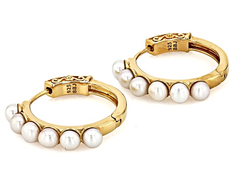 White Cultured Freshwater Pearl 18k Yellow Gold Over Sterling Silver Hoop Earrings