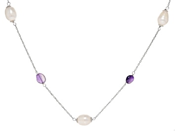 Picture of White Cultured Freshwater Pearl and Amethyst Rhodium Over Sterling Silver Necklace