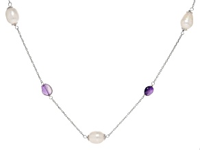 White Cultured Freshwater Pearl and Amethyst Rhodium Over Sterling Silver Necklace