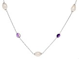 White Cultured Freshwater Pearl and Amethyst Rhodium Over Sterling Silver Necklace