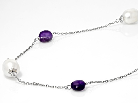White Cultured Freshwater Pearl and Amethyst Rhodium Over Sterling Silver Necklace