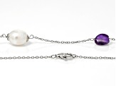 White Cultured Freshwater Pearl and Amethyst Rhodium Over Sterling Silver Necklace