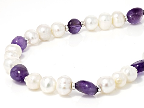 White Cultured Freshwater Pearl and Amethyst Rhodium Over Sterling Silver Necklace