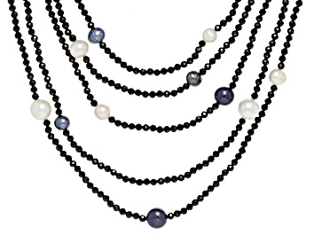 Picture of Multi-color Cultured Freshwater Pearl and Black Spinel Rhodium Over Sterling Silver Necklace
