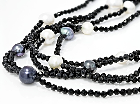 Multi-color Cultured Freshwater Pearl and Black Spinel Rhodium Over Sterling Silver Necklace