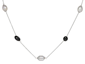 Picture of Platinum Cultured Freshwater Pearl and Onyx Rhodium Over Sterling Silver Necklace