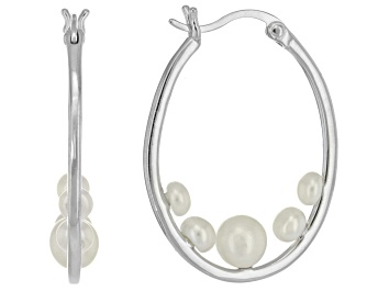 Picture of White Cultured Freshwater Pearl Rhodium Over Sterling Silver Hoop Earrings