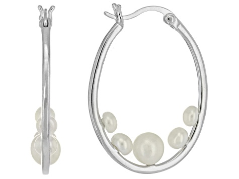 White Cultured Freshwater Pearl Rhodium Over Sterling Silver Hoop Earrings