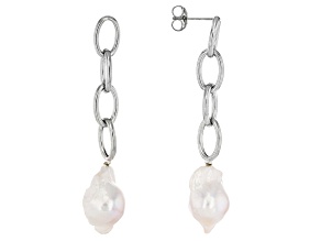 White Barque Cultured Freshwater Pearl Rhodium Over Sterling Silver Earrings