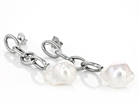 White Barque Cultured Freshwater Pearl Rhodium Over Sterling Silver Earrings