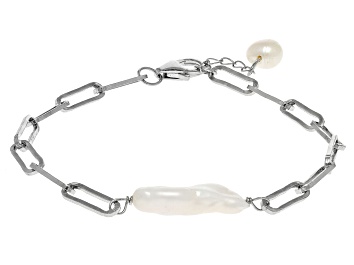 Picture of White Cultured Freshwater Pearl Rhodium Over Sterling Silver Bracelet