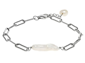 White Cultured Freshwater Pearl Rhodium Over Sterling Silver Bracelet