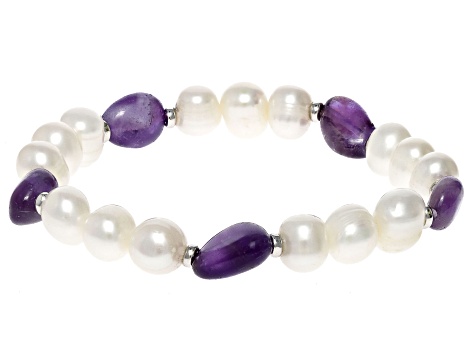 White Cultured Freshwater Pearl and Amethyst Stretch Bracelet