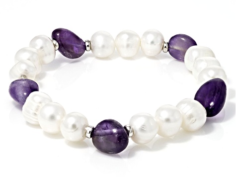 White Cultured Freshwater Pearl and Amethyst Stretch Bracelet