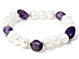 White Cultured Freshwater Pearl and Amethyst Stretch Bracelet