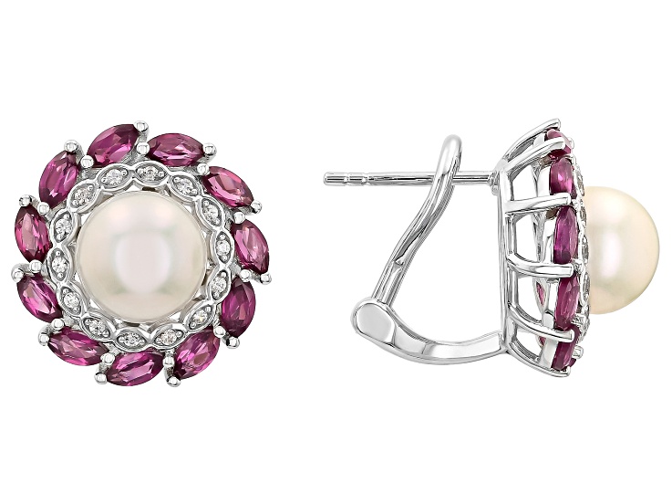 White Cultured Freshwater Pearl, Rhodolite, and Zircon Rhodium Over Sterling Silver Earrings