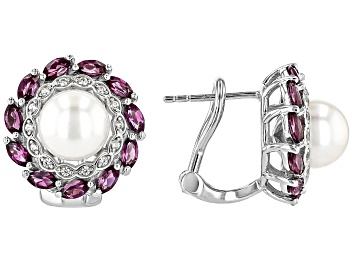 Picture of White Cultured Freshwater Pearl, Rhodolite, and Zircon Rhodium Over Sterling Silver Earrings