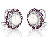 White Cultured Freshwater Pearl, Rhodolite, and Zircon Rhodium Over Sterling Silver Earrings