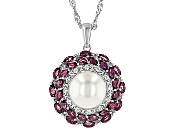 Picture of White Cultured Freshwater Pearl, Rhodolite and Zircon Rhodium Over Sterling Silver Pendant