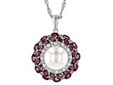 White Cultured Freshwater Pearl, Rhodolite and Zircon Rhodium Over Sterling Silver Pendant