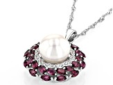 White Cultured Freshwater Pearl, Rhodolite and Zircon Rhodium Over Sterling Silver Pendant