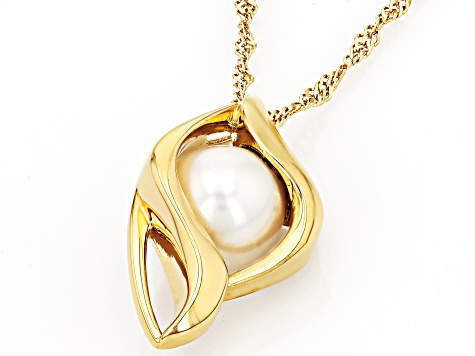 White Cultured Freshwater Pearl 18k Yellow Gold Over Sterling Silver Pendant with Chain