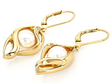 White Cultured Freshwater Pearl 18k Yellow Gold Over Sterling Silver Earrings