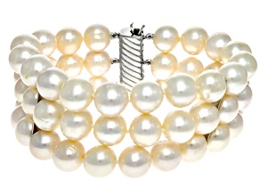 White Cultured Freshwater Pearl Sterling Silver Multi Row Bracelet
