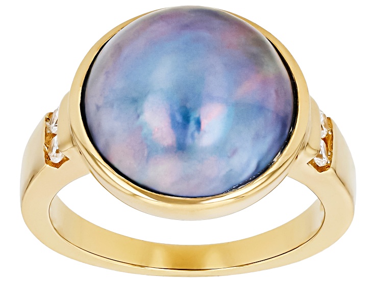 Platinum Cultured South Sea Mabe Pearl and White Zircon 18k Yellow
