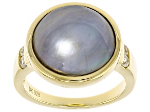 Platinum Cultured South Sea Mabe Pearl and White Zircon 18k Yellow Gold Over Sterling Silver Ring