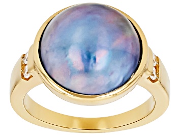 Picture of Platinum Cultured South Sea Mabe Pearl and White Zircon 18k Yellow Gold Over Sterling Silver Ring
