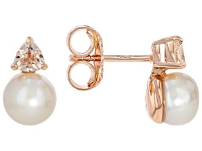 White Cultured Freshwater Pearl and Morganite 18k Rose Gold Over Sterling Silver Earrings