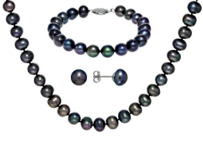 Black Cultured Freshwater Pearl Rhodium Over Sterling Silver Necklace, Bracelet, Earring Set