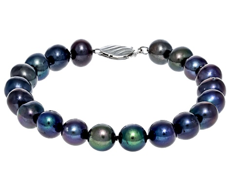 Black Cultured Freshwater Pearl Rhodium Over Sterling Silver Necklace, Bracelet, Earring Set
